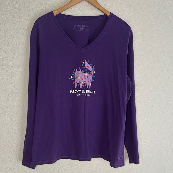 Life is Good XXXL Crusher Tee Purple Meowy Bright T-Shirt Christmas Graphic Cat - Picture 1 of 6